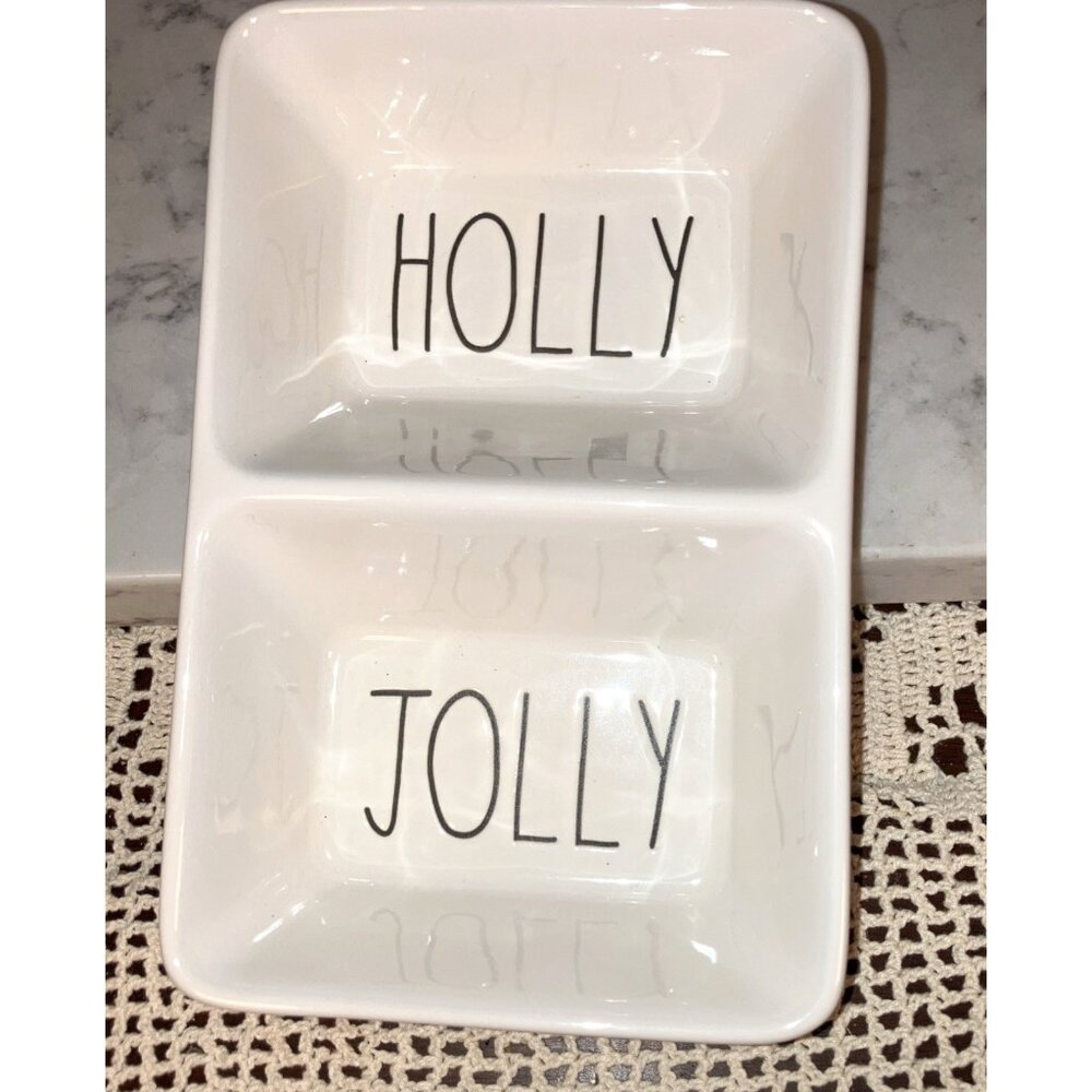 Rae Dunn by Magenta Glossy White HOLLY JOLLY Candy Dish Divided Tray